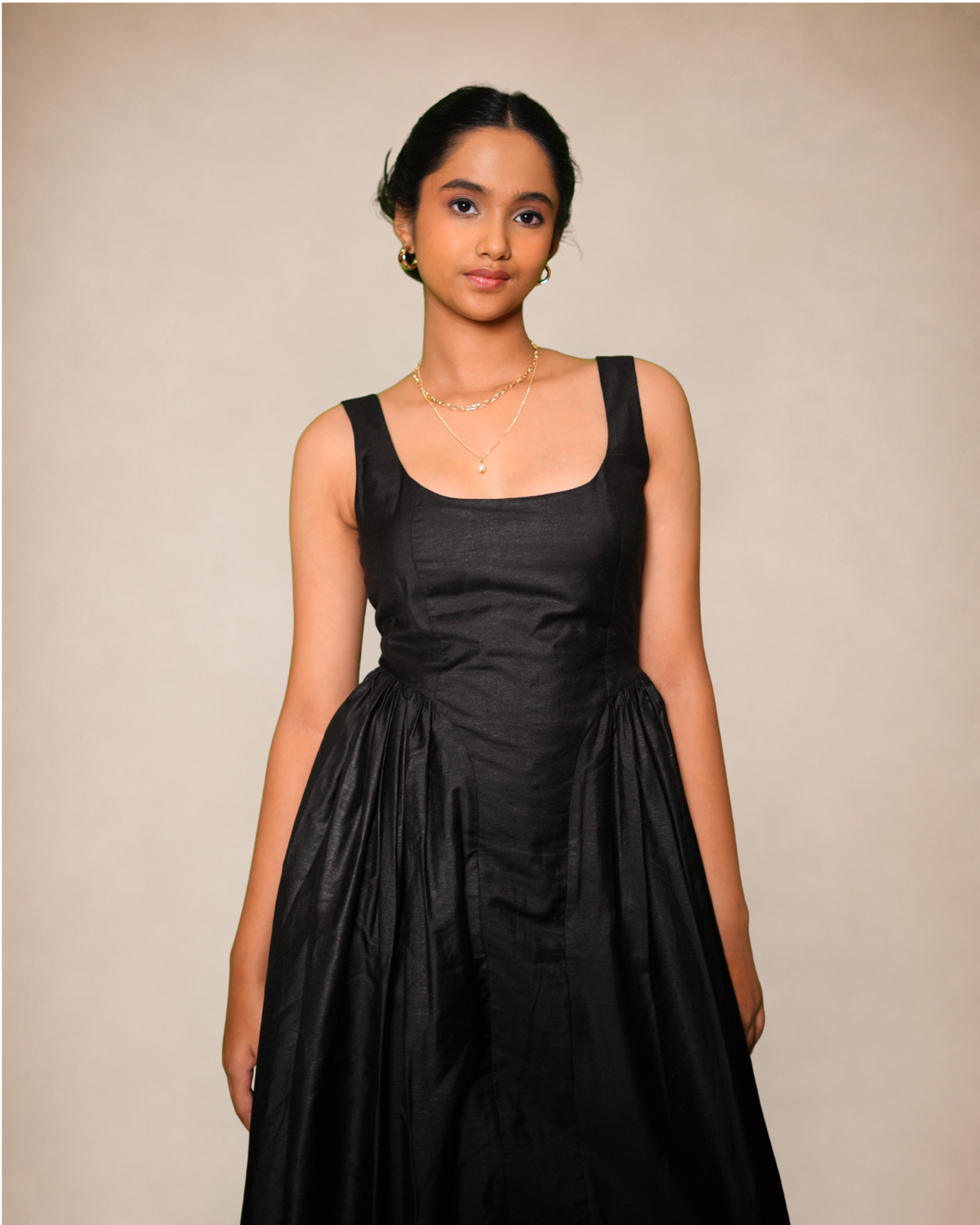 Black Gathered Pleated Evening Party Dress