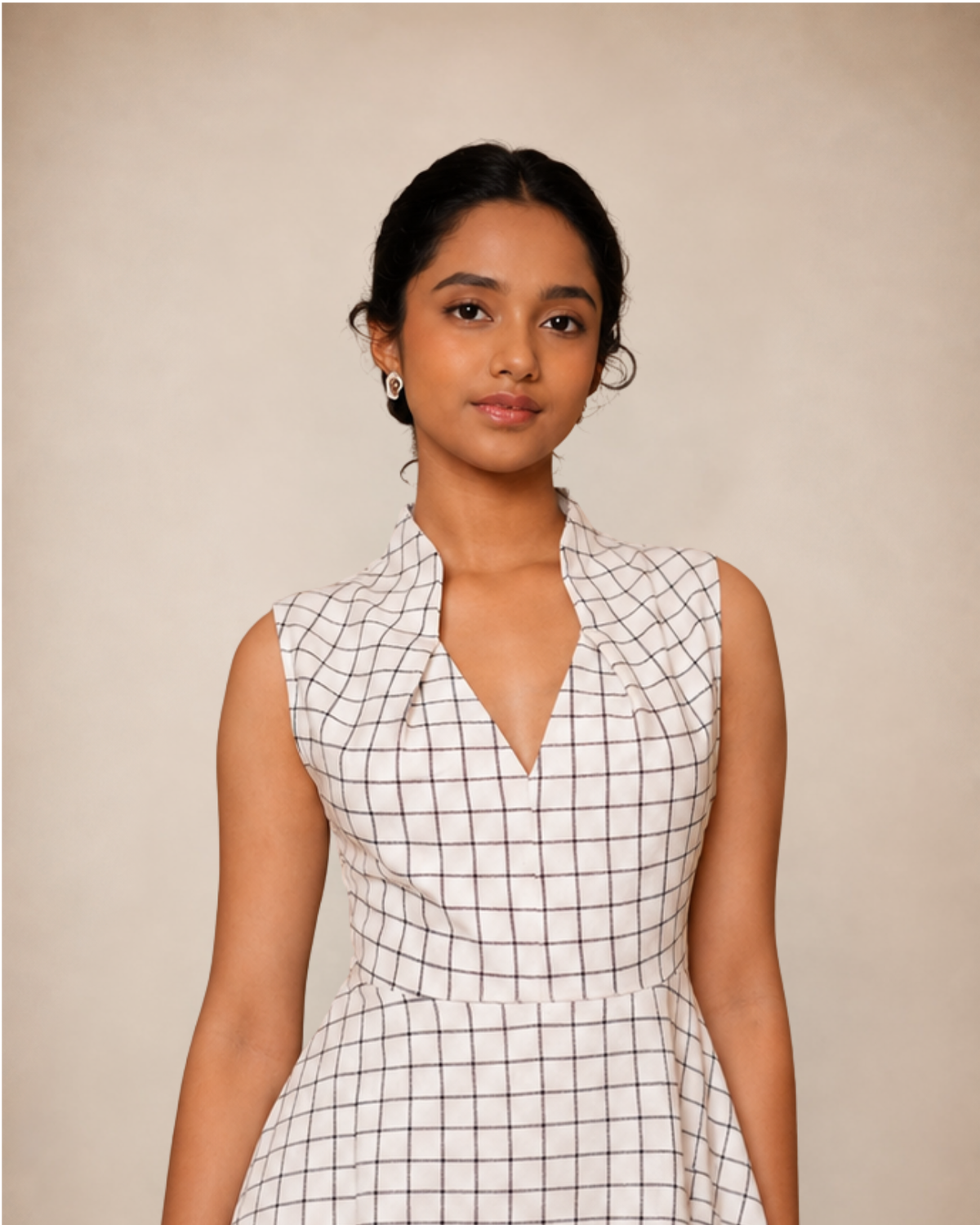 Vero Moda Mandarin Collar Checked Fit & Flare Midi Dress