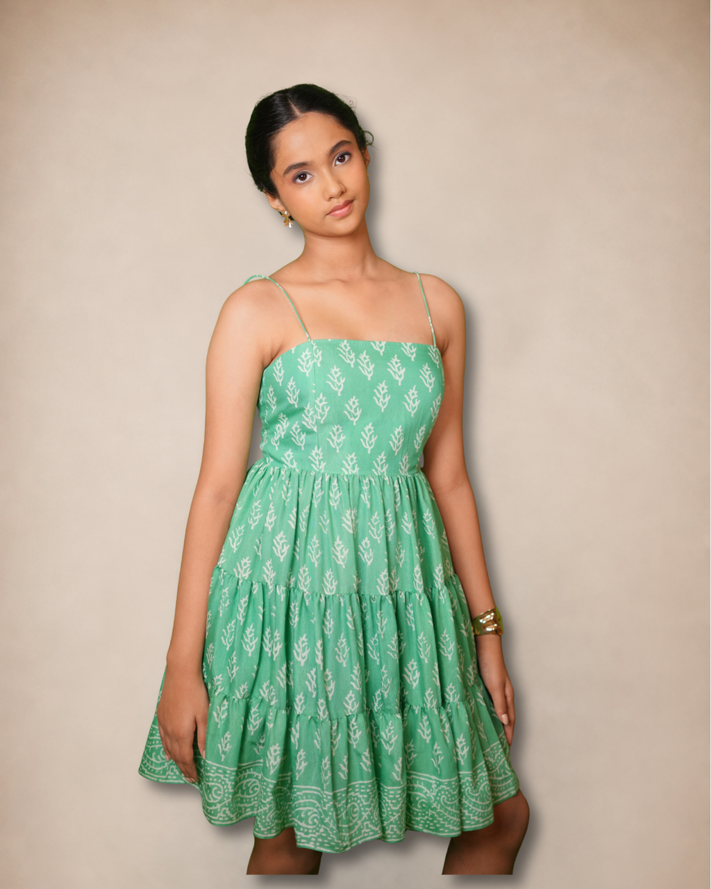 Sage green floral block-print tiered dress with spaghetti straps