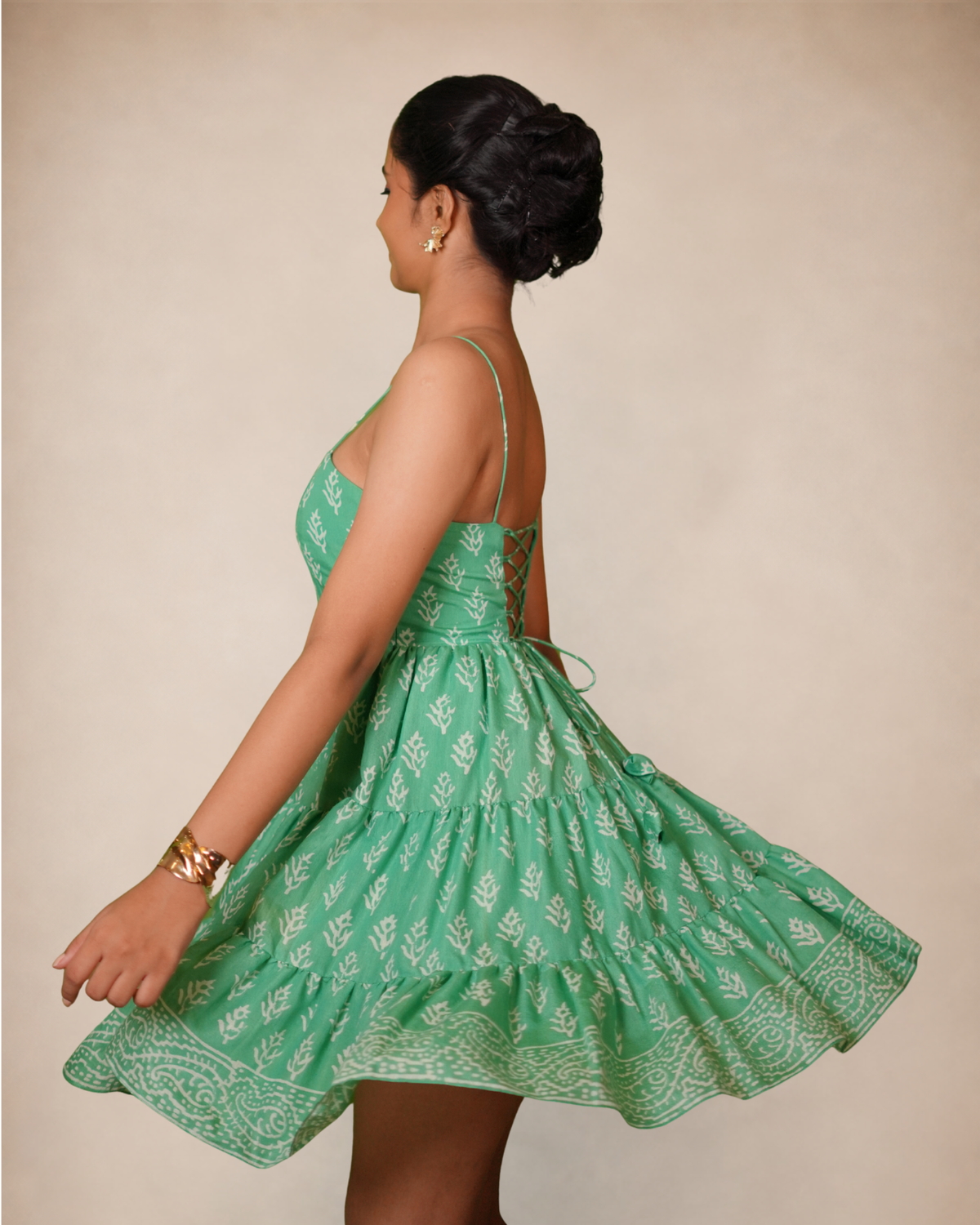 tiered floral green Handloom dress