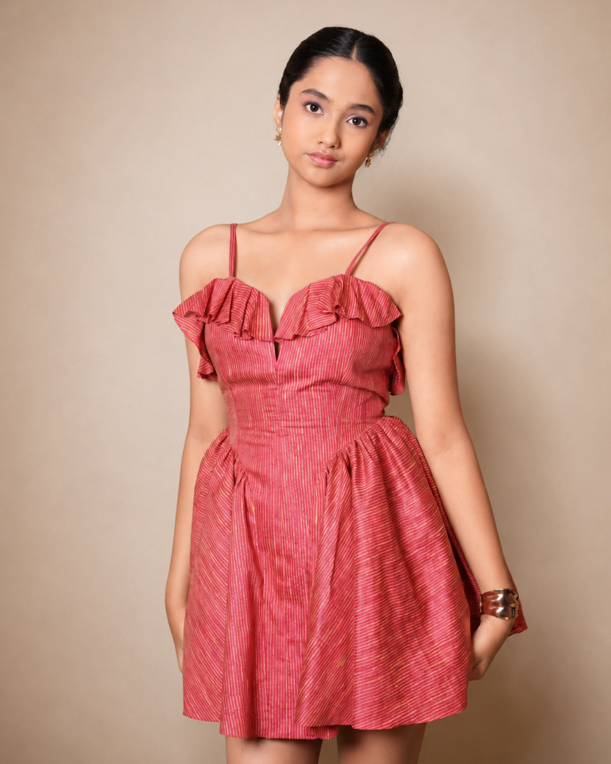 rose pink mini dress, striped party dress, ruffle sweetheart dress, spaghetti strap mini, silk cocktail dress women
