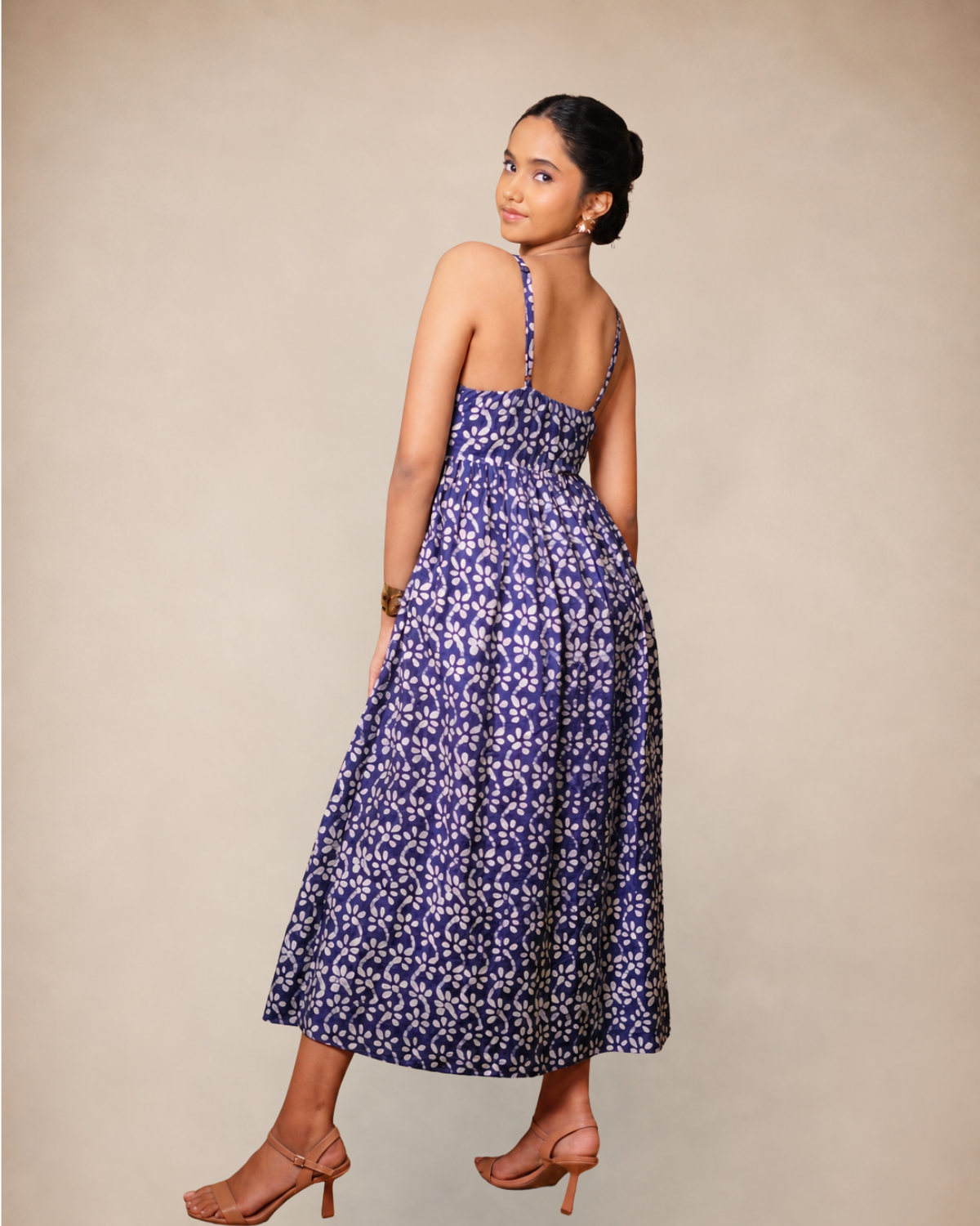 Navy Blue white floral batik print handloom cotton maxi summer dress for everyday