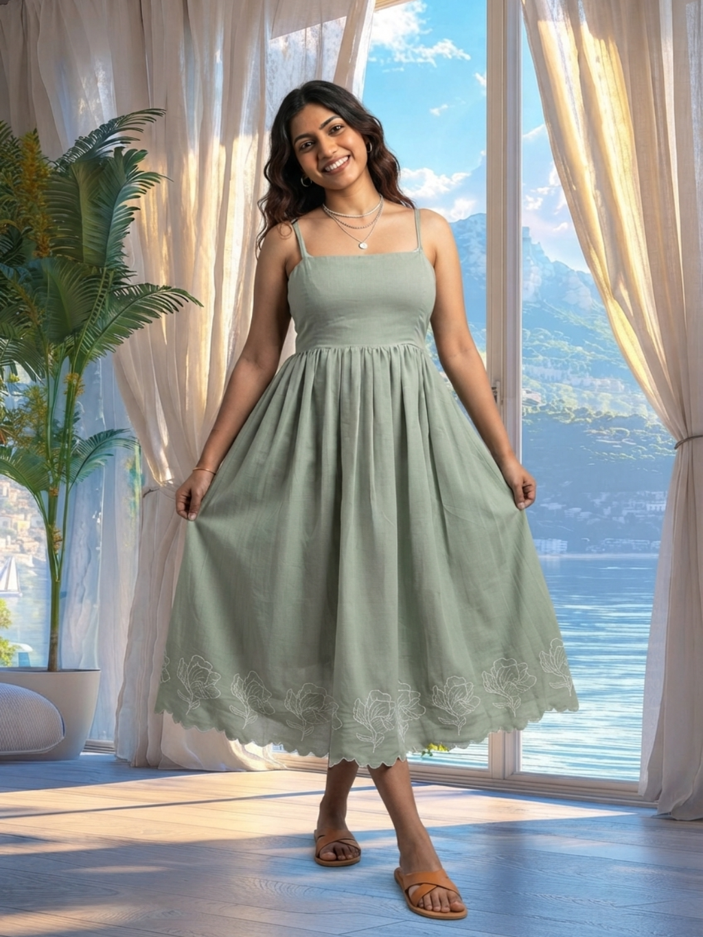 Embroidered Midi Dress-Sage Green