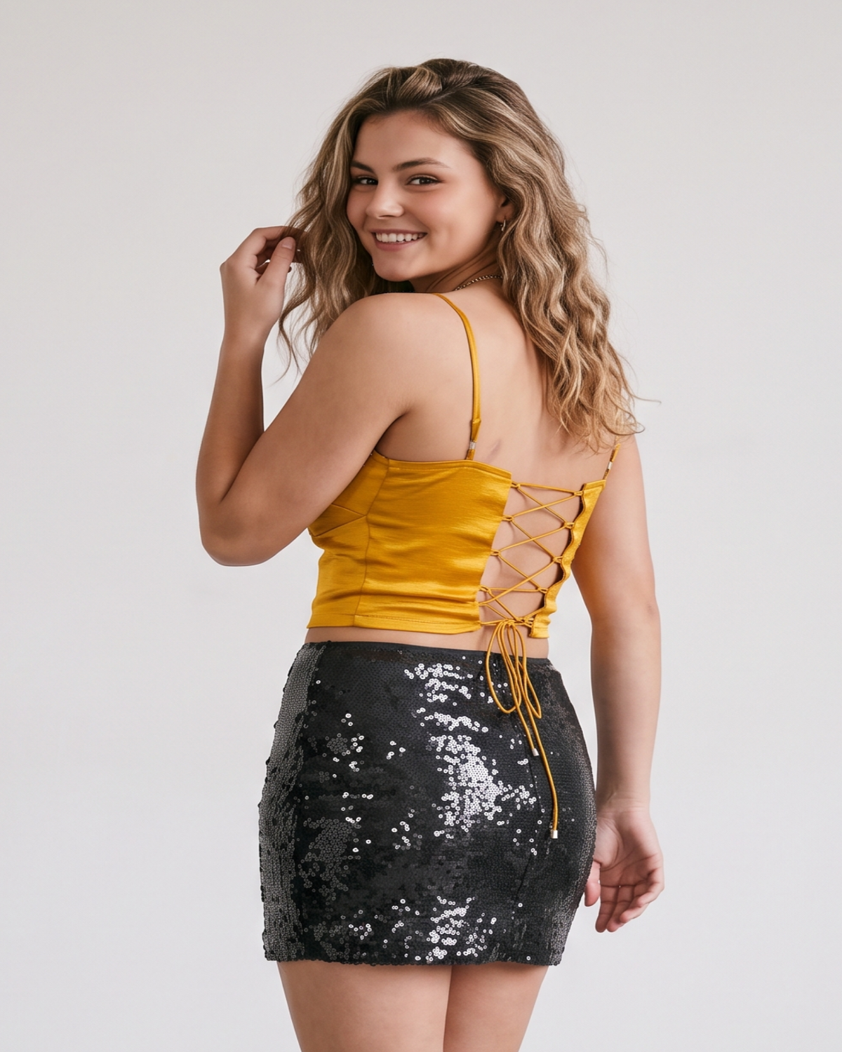 Mustard Gold Crop Top & Black Sequin Skirt Set
