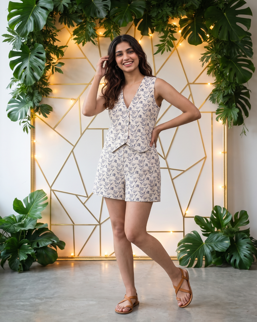 Printed Cotton Dobby Stripe Vest-Ivory by blue