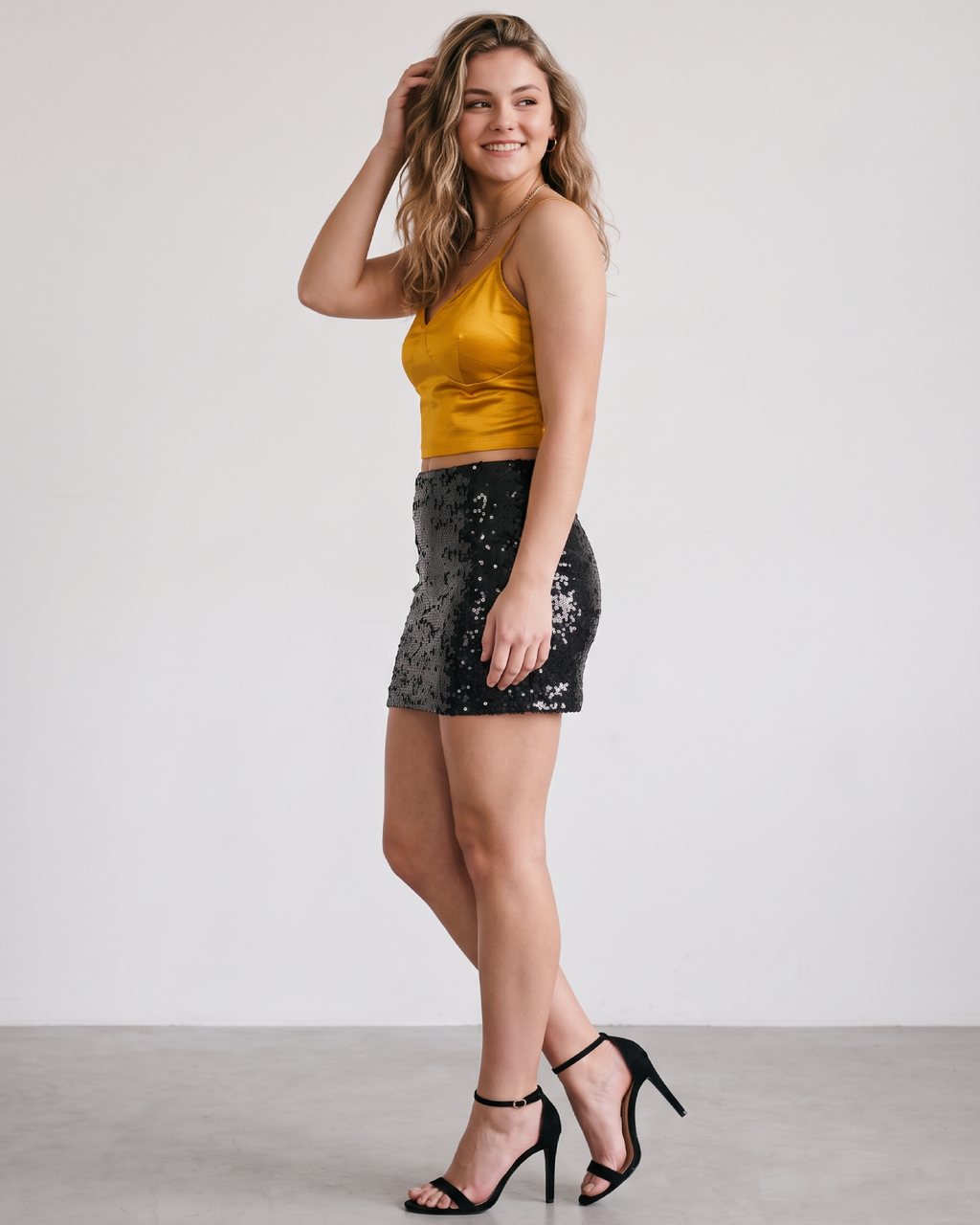 Mustard Gold Crop Top & Black Sequin Skirt Set