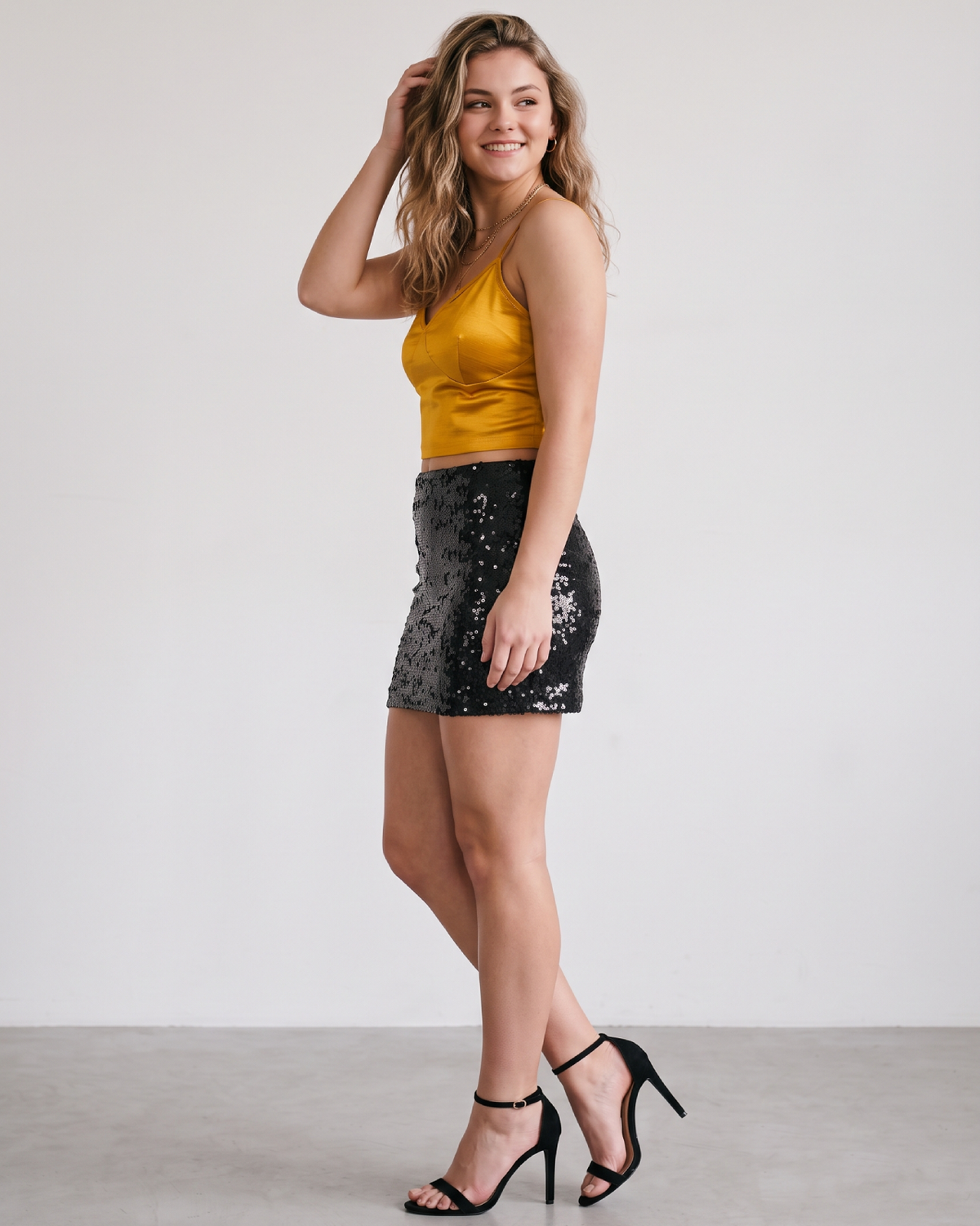 Mustard Gold Crop Top & Black Sequin Skirt Set