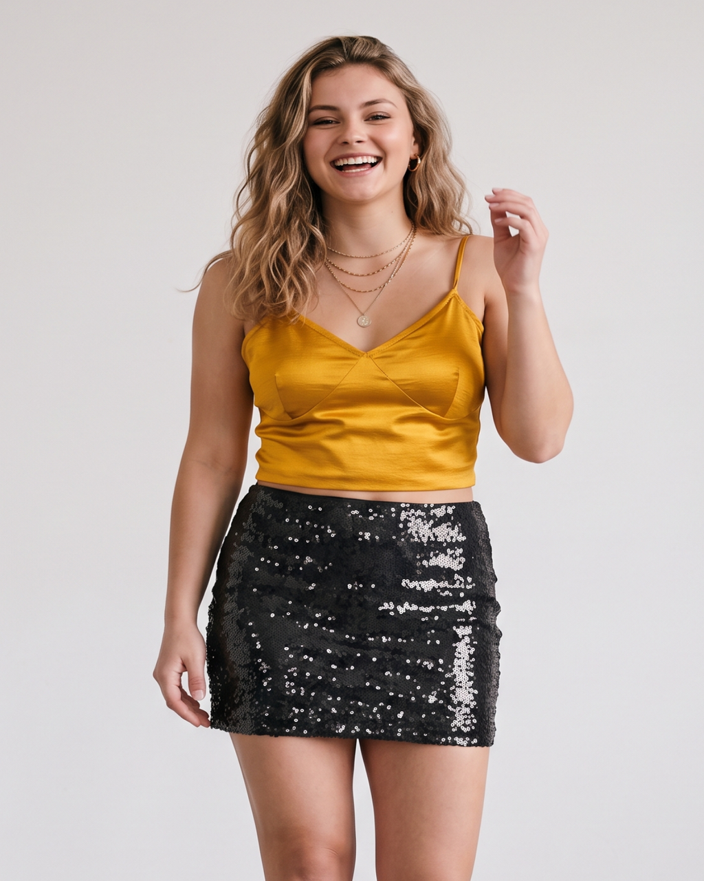 Mustard Gold Crop Top & Black Sequin Skirt Set