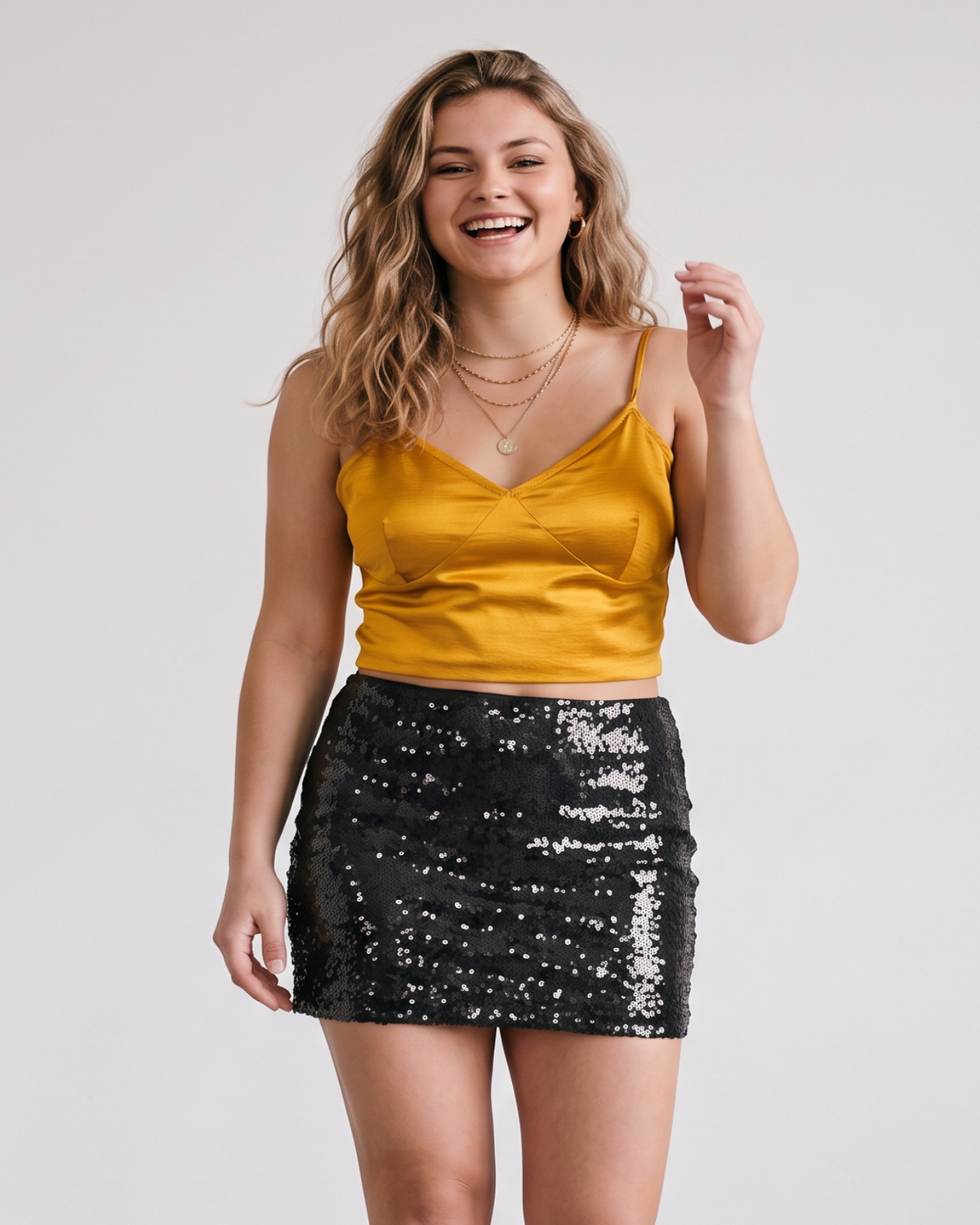 Mustard Gold Crop Top & Black Sequin Skirt Set