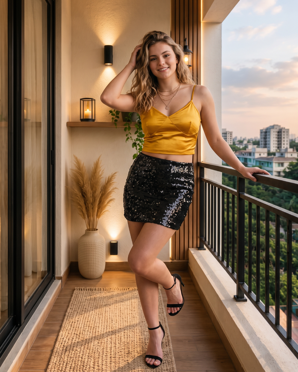 Mustard Gold Crop Top & Black Sequin Skirt Set