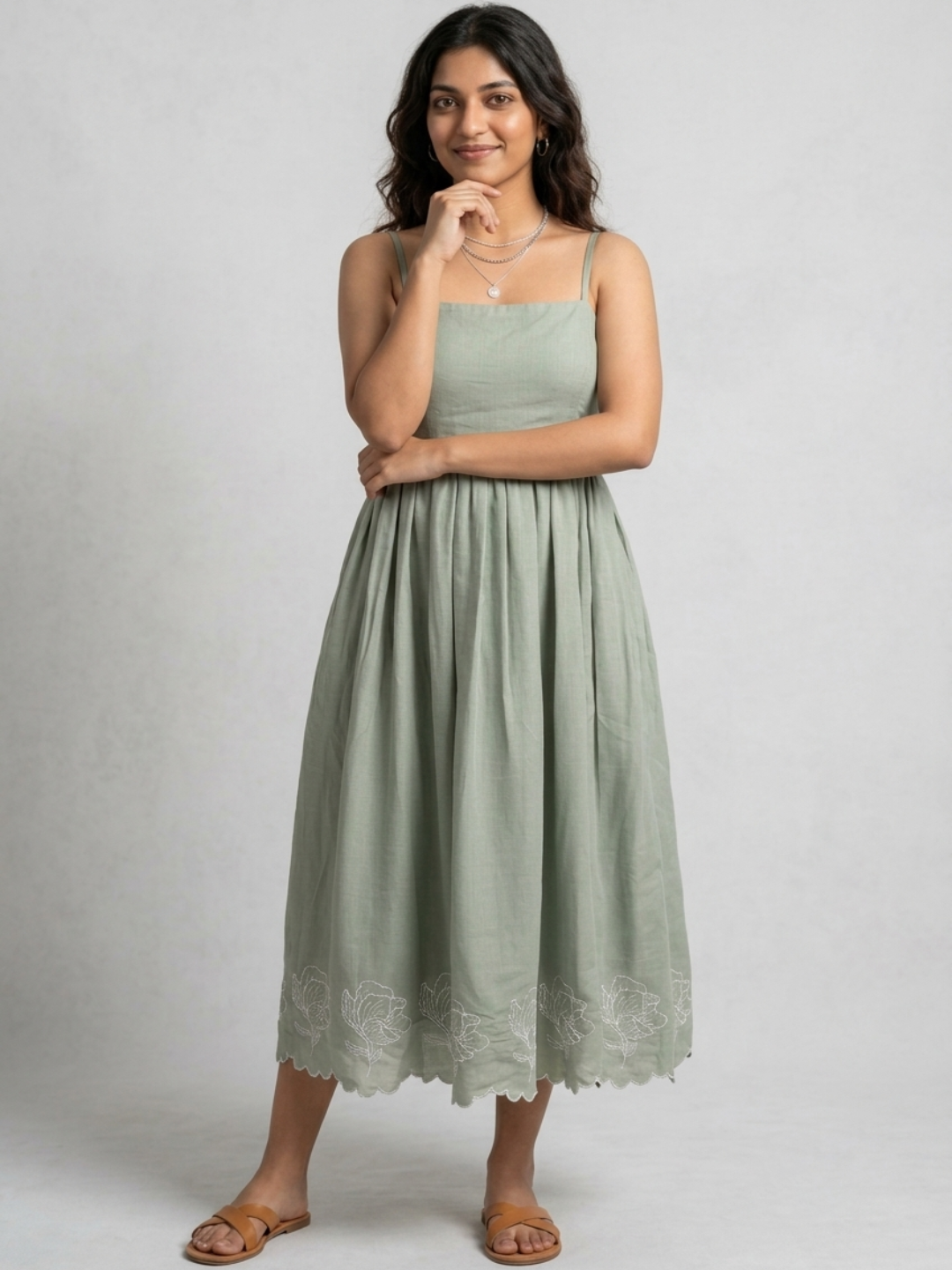 Embroidered Midi Dress-Sage Green