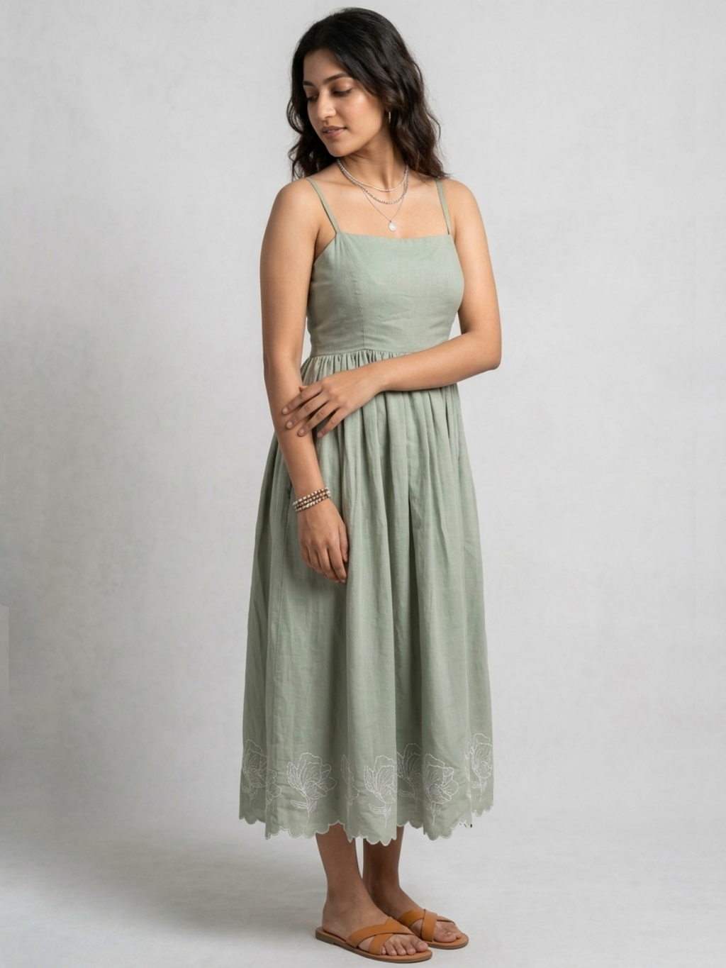 Embroidered Midi Dress-Sage Green