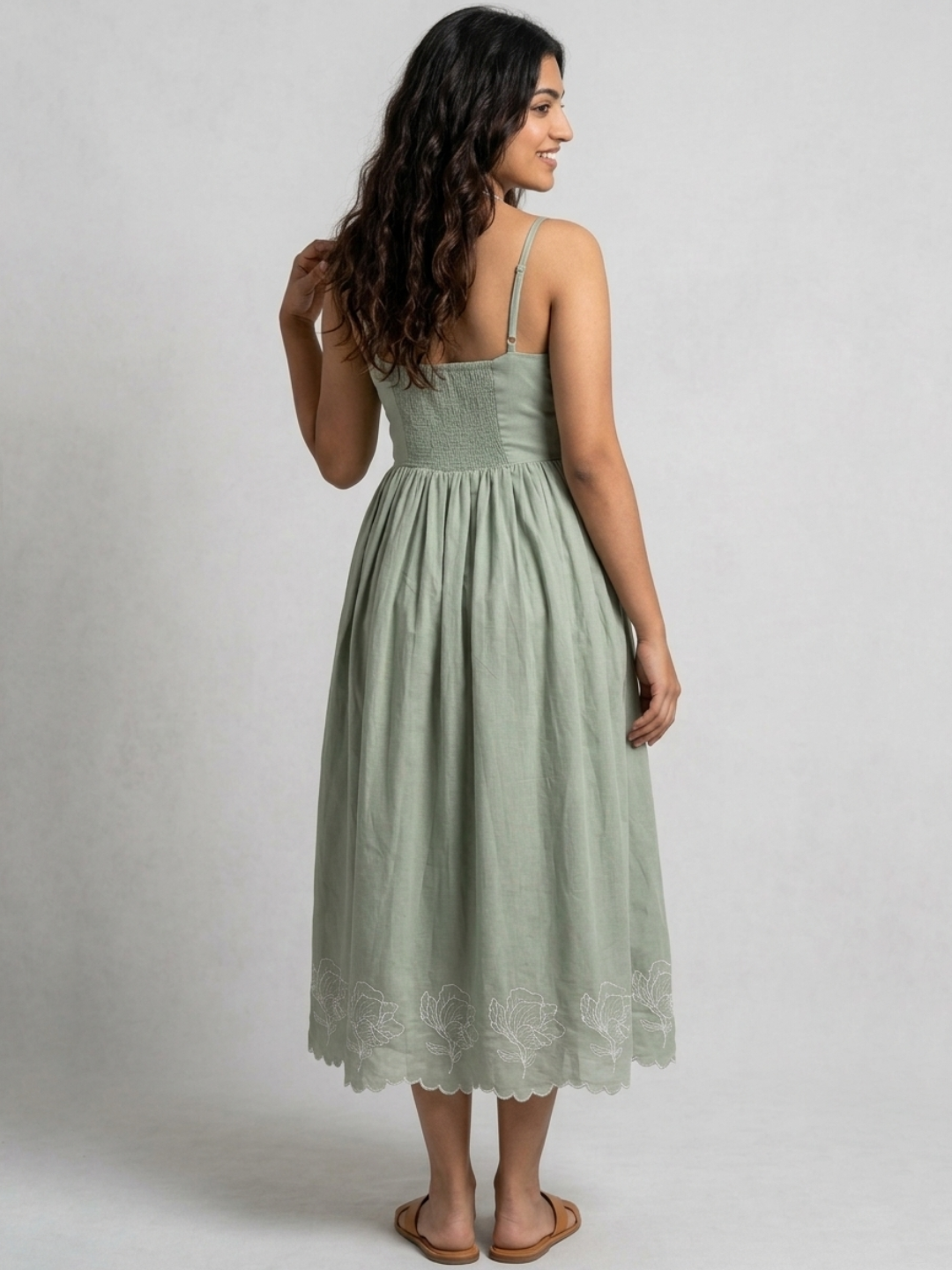 Embroidered Midi Dress-Sage Green