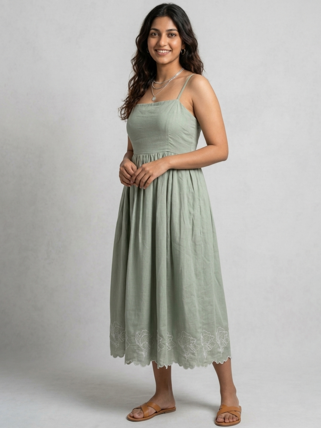 Embroidered Midi Dress-Sage Green