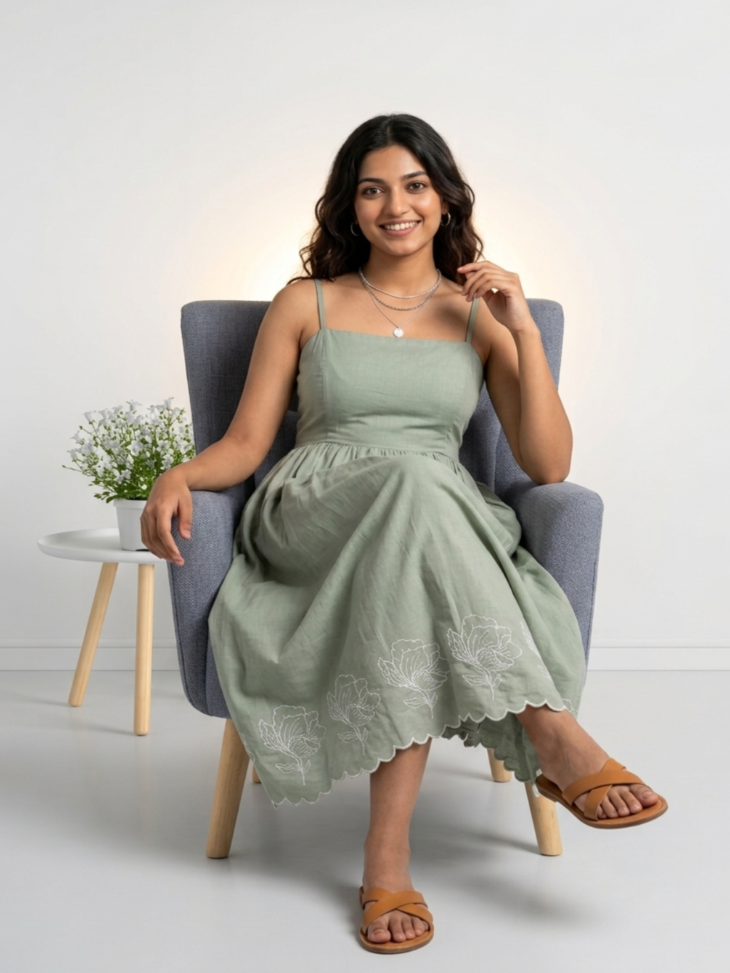 Embroidered Midi Dress-Sage Green