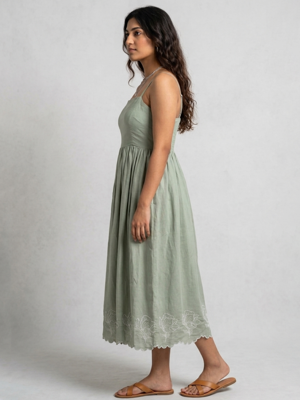 Embroidered Midi Dress-Sage Green