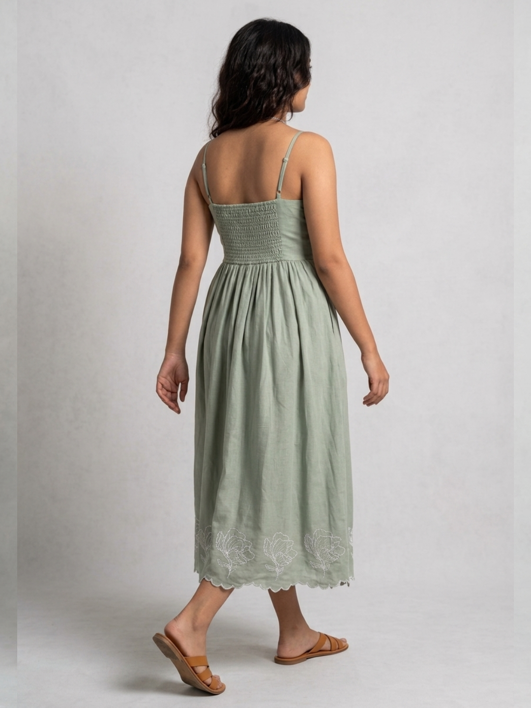 Embroidered Midi Dress-Sage Green