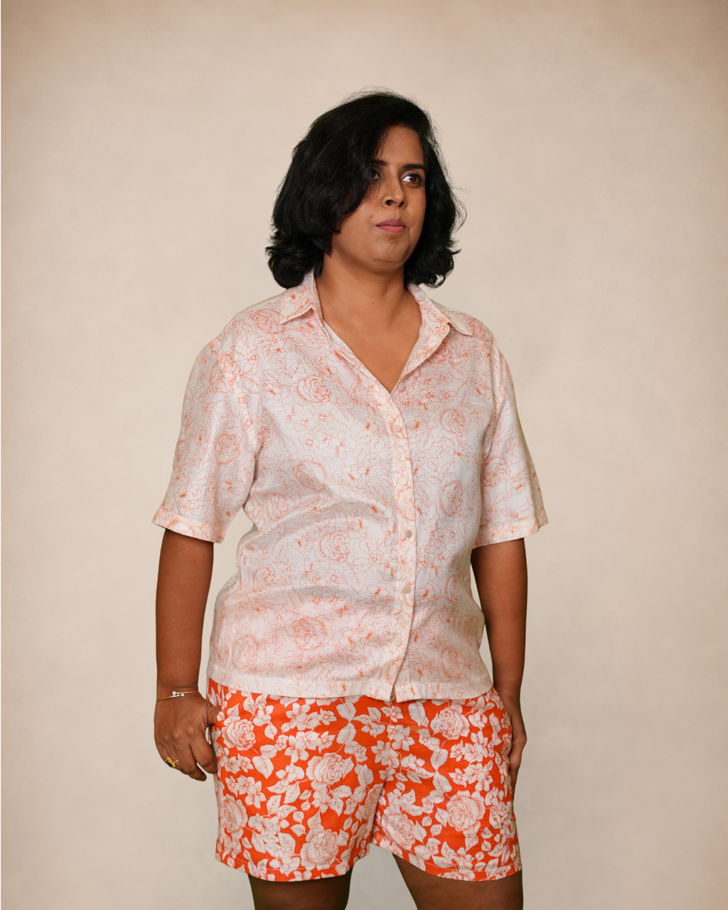 floral co-ord set, orange print shirt shorts, matching set women, resort wear co-ord, cotton floral two 