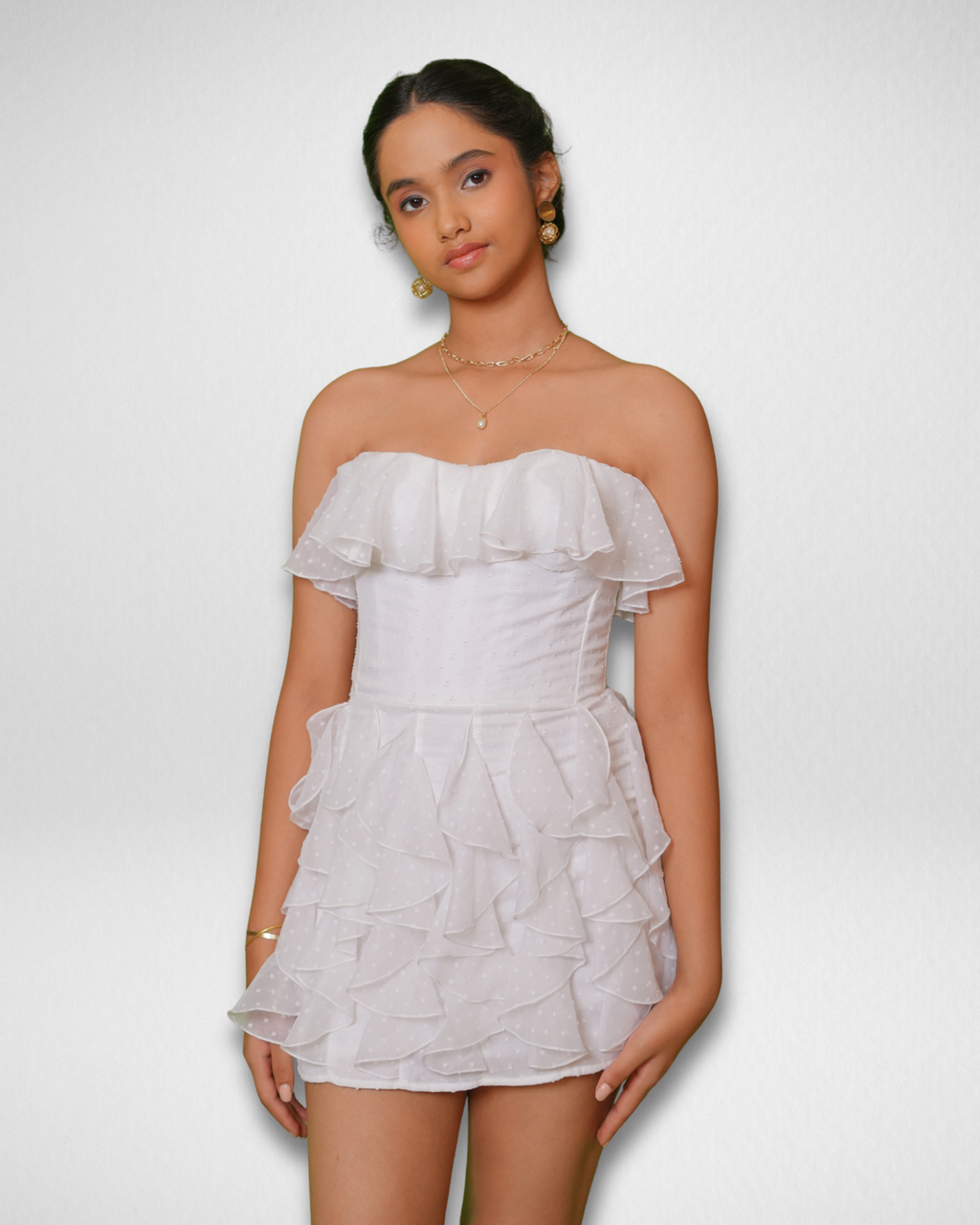 Snow White strapless ruffle tiered mini dress with dotted texture