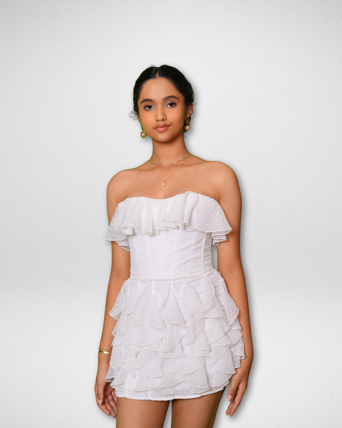 Snow white ruffle mini dress,
strapless party dress,
tiered ruffle dress,
textured chiffon dress,
cocktail mini dress women
