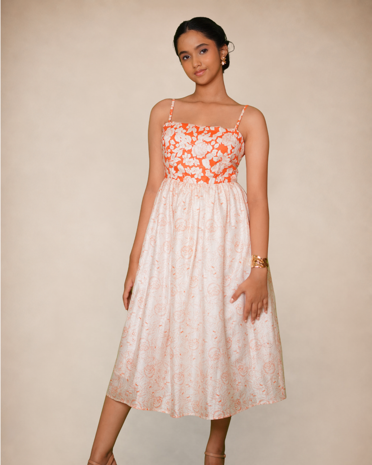 TANTORY Orange floral Summer Midi Dress 