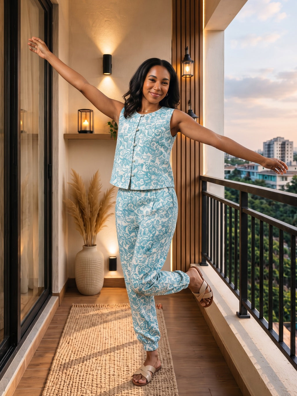 Top & Pant Set- Blue White Print