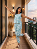 Top & Pant Set- Blue White Print
